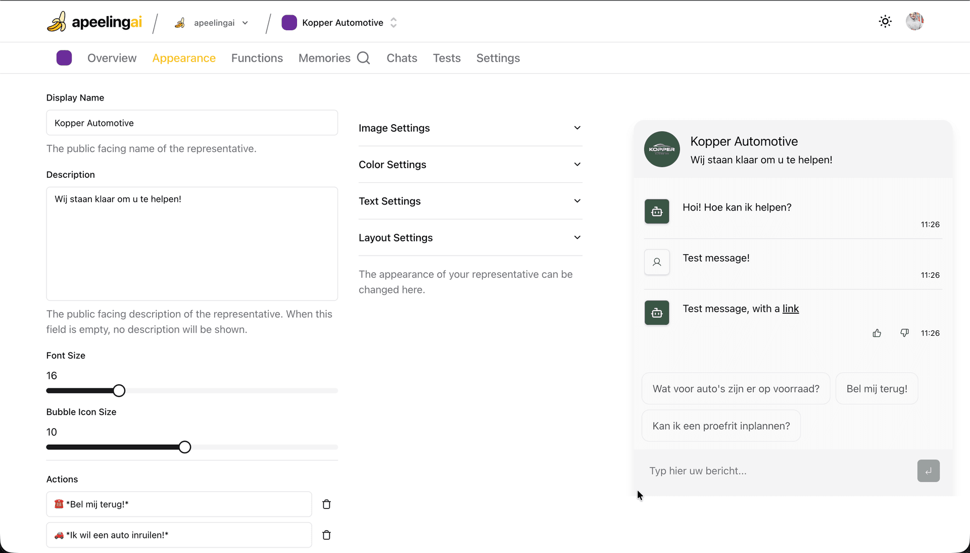 Mobibot interface waar je de look & feel van je chat direct wijzigt
